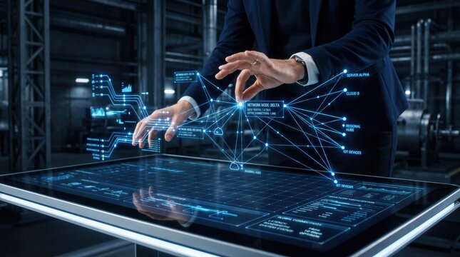 Businessman interacting with futuristic holographic network interface, touching virtual cloud computing nodes, digital transformation, high tech data visualization on glass table