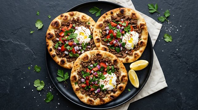 Delicious homemade flatbread pizzas topped with eggs and fresh vegetables