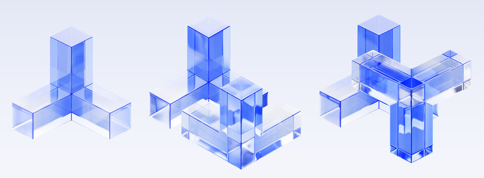 Abstract blue glass geometric structures 3d set. Isometric crystal blocks on light background. Digital data architecture, modular technology, innovation, logic and smart business. 3D illustration