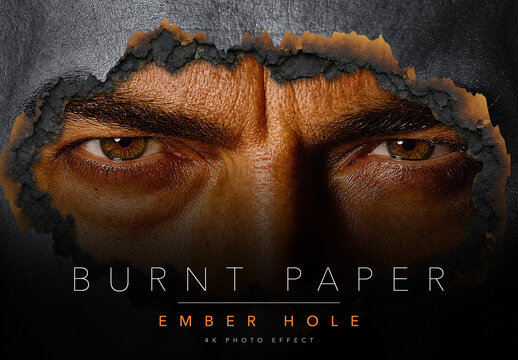 Burnt Paper Photo Effect Template - Burn Hole Reveal, Charred Edge Black and White to Colour Portrait Effect, Editable PSD