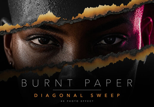 Burnt Paper Photo Effect Template - Diagonal Burn Sweep, Charred Edge Black and White to Colour Portrait Reveal, Editable PSD