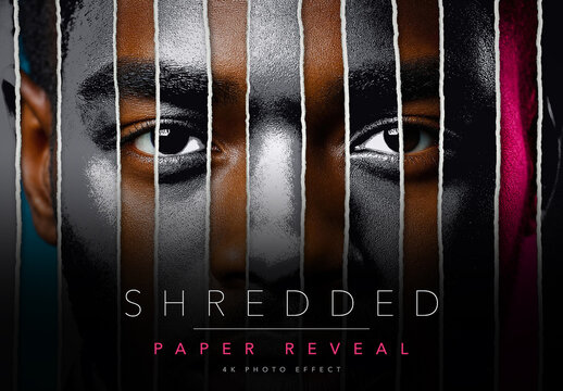 Shredded Paper Photo Effect Template - Paper Shredder Strip Reveal, High Contrast Posterised Portrait Effect, Editable PSD