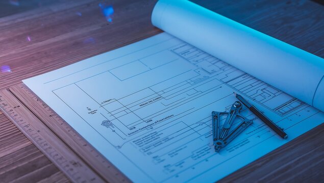 Generative AI depicts architectural blueprints spread on a wooden table