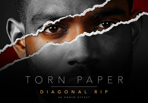 Torn Paper Photo Effect Template - Diagonal Rip Reveal, Black and White to Colour Portrait Effect, Editable PSD