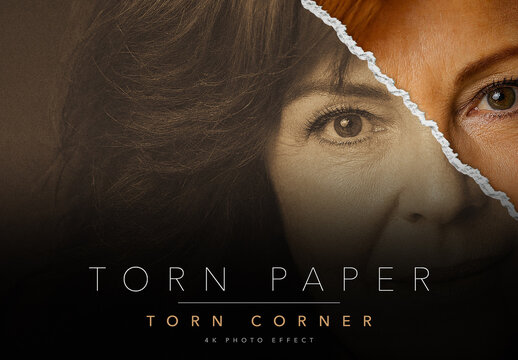 Torn Paper Corner Photo Effect Template - Ripped Corner Reveal, Sepia to Colour Portrait Effect, Editable PSD