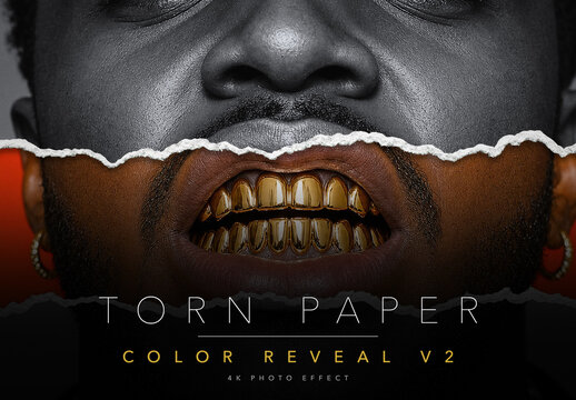 Torn Paper Photo Effect Template - Ripped Paper Colour Reveal, Black and White to Colour Portrait Effect, Editable PSD