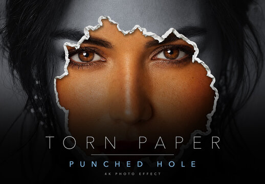 Torn Paper Hole Photo Effect Template - Ripped Hole Punched Through Paper Reveal, Black and White to Colour Portrait Effect, Editable PSD
