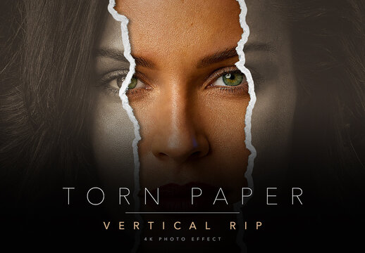 Torn Paper Photo Effect Template - Vertical Ripped Paper Reveal, Faded Sepia Print to Colour Portrait Effect, Editable PSD