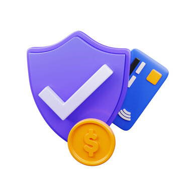 3D Financial Security Shield with Credit Card and Coins