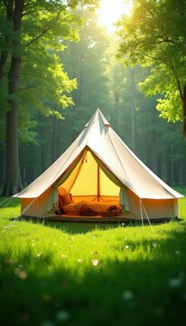 White bell tent sits in green forest meadow during sunny spring day. Fabric shelter stands on grassy field near tall trees for relaxing outdoor trip. Wanderer camp gear provides comfortable sleep