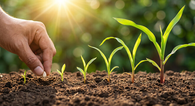 Planting corn seeds in soil. Agriculture and new life concept. Hand sowing seed in fertile ground. Corn seedlings growing in garden.