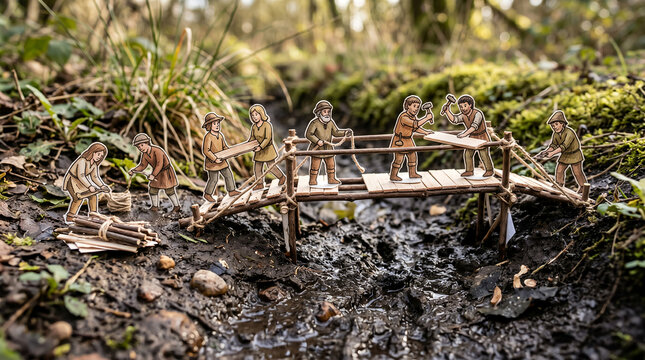 Workers build a small wooden bridge over a dark muddy stream in a dense forest woodland area.