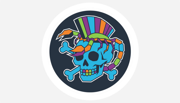 Rebel punk rock style blue skull badge wearing a colorful mohawk and a scorpion on dark circular background.