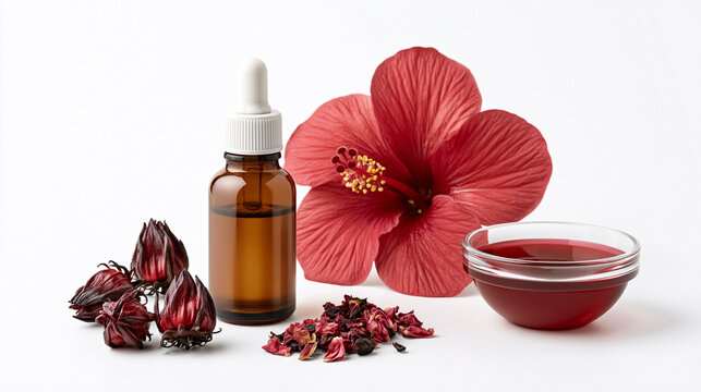 Hibiscus Herbal Extract with Red Flowers Isolated on White Background