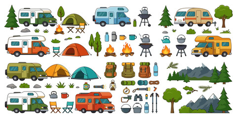 Fototapeta premium Camper van and RV camping set with tents campfires backpacks mountains and outdoor gear vector