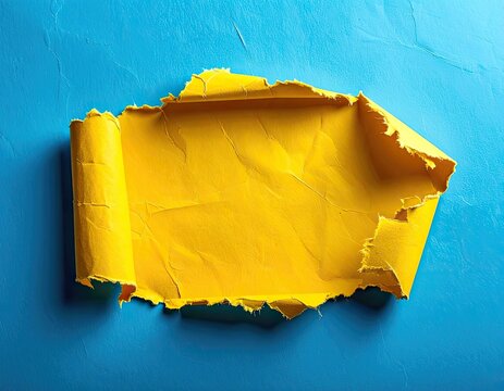 A bright yellow paper torn and rolled on a textured blue background.
