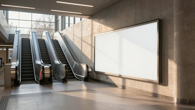 Sunlit modern train station interior featuring sleek escalators, concrete walls, tiled floors, and a large blank advertising panel.