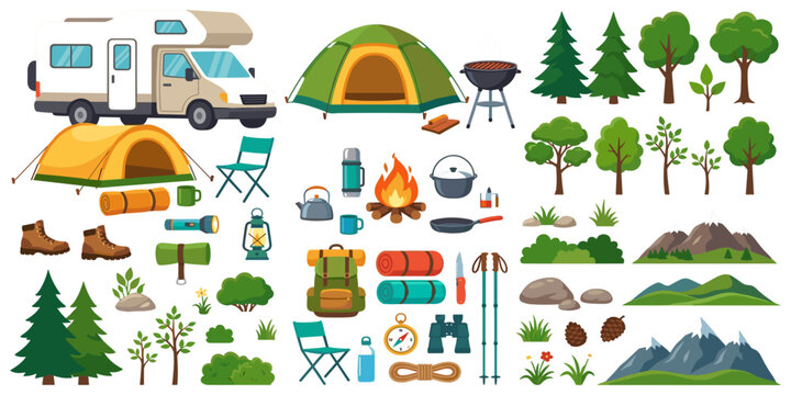  Camping elements collection with RV camper van tent campfire backpack mountains and forest trees vector