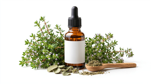Thyme Herbal Extract with Fresh Sprigs Isolated on White Background