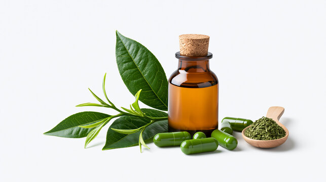 Green Tea Herbal Capsules with Fresh Leaves Isolated on White Background