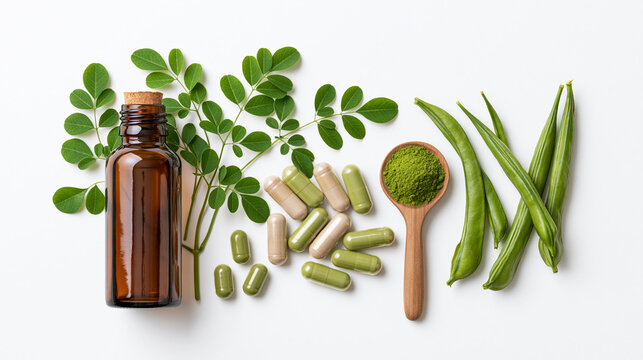 Moringa Herbal Capsules with Fresh Leaves Isolated on White Background