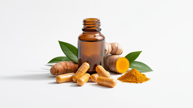 Turmeric Herbal Capsules with Fresh Root Isolated on White Background