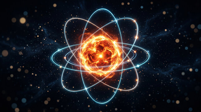 Abstract glowing atom structure with core and orbiting particles in dark space