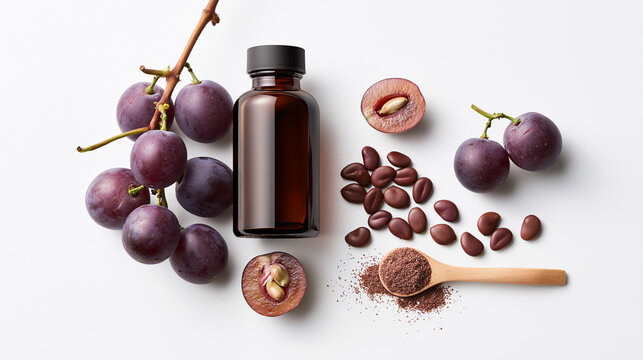 Grape Seed Herbal Capsules with Fresh Grapes Isolated on White Background