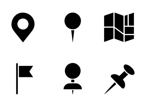 Mapping and localization icons collection featuring various black pin styles for geographic apps.