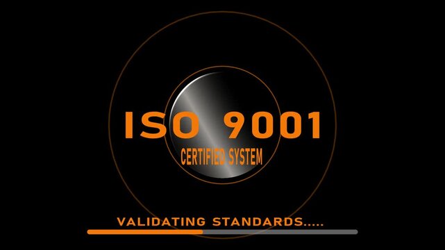 ISO 9001 certified system badge with concentric circular rings and validating standards concept for quality management, compliance certification, and process standardization, seamless looping video