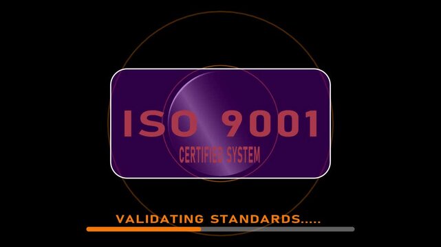 ISO 9001 certified system badge with concentric circular rings and validating standards concept for quality management, compliance certification, and process standardization, seamless looping video