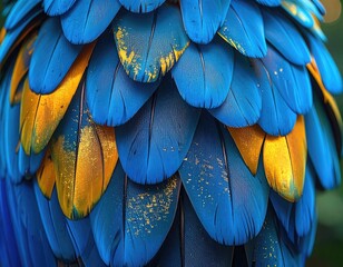 Obraz premium A close-up macro view of vibrant blue and gold macaw feathers.