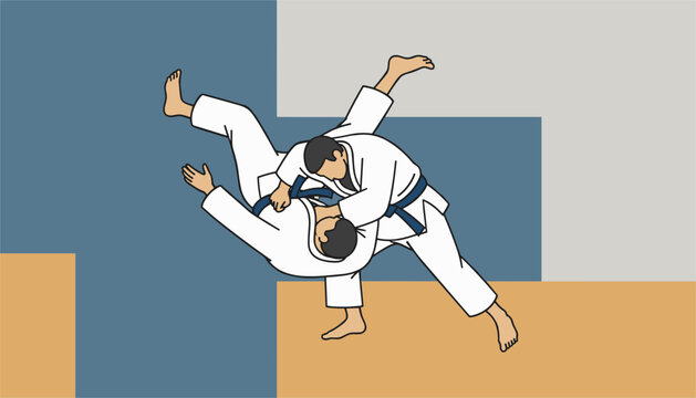 Dynamic vector illustration of two professional judo fighters executing a dramatic throw on a block background.