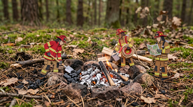 Firefighters maintain a small campfire in the woods while checking their navigation maps.