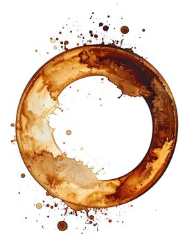 A circular coffee stain with splashes and drips on a white background.
