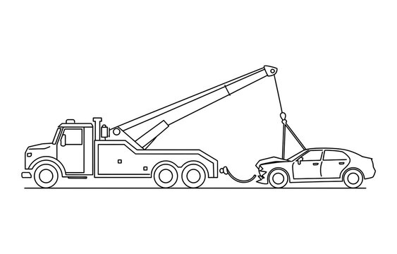Tow truck lifting and towing a broken car on the road