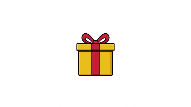 Yellow gift box with red ribbon bow tied on top, isolated on white background, simple illustration