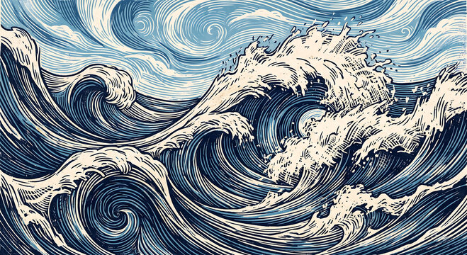 Abstract illustration of turbulent ocean waves and swirling sea currents in a Japanese woodblock print style