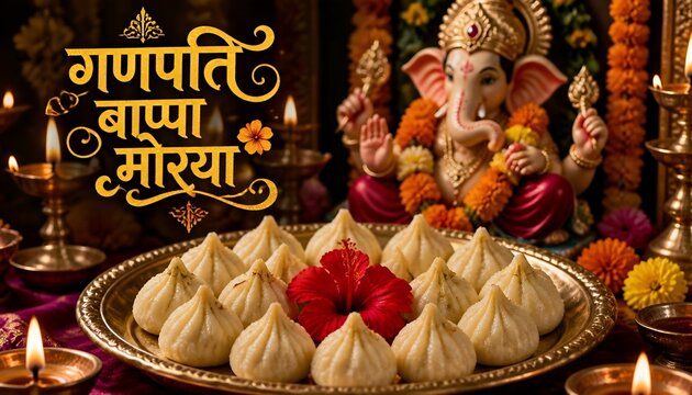 Ganesh Chaturthi Festive Poster with Modak Sweets and Happy Ganesh Chaturthi Text