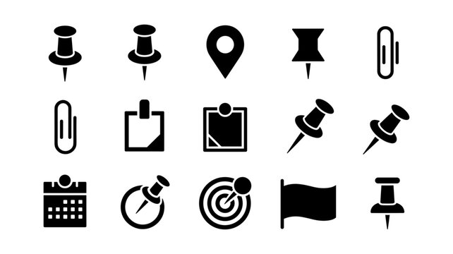 ush Pin and Stationery Thumbtack Solid Icon Set with Paper Clip Note Flag and Target Pointer Symbols for Office Reminders.s