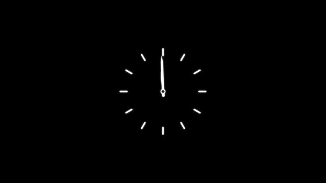 Glowing neon White analog clock face horizontal layout loop, and black minimal space. timer videos, schedule reminders, countdown clips, productivity apps, and motion overlays.