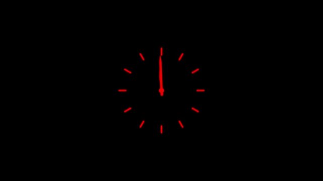 Glowing neon Red analog clock face horizontal layout loop, elegant light red time indicator icon with modern hour dial symbol .ideal for time lapse concepts and motion design.