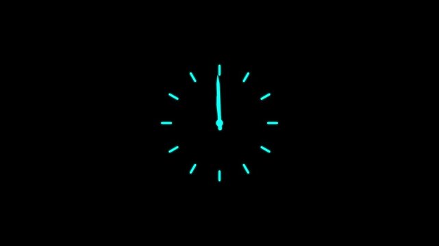 Glowing neon cyan analog clock face horizontal layout loop, elegant light blue time indicator icon with modern hour dial symbol.