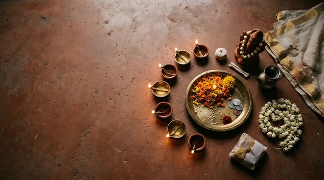 Lit oil lamps and hindu puja items on a rustic background