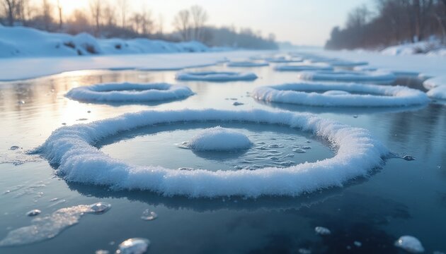 Natural ice circles form on cold river water surface in winter. Frozen circular shapes spin slowly in stream during freezing weather. White snow discs float on lake pond stream. Unique climate