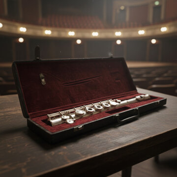 Concert flute instrument with polished silver keys resting in red velvet case for classical music performance