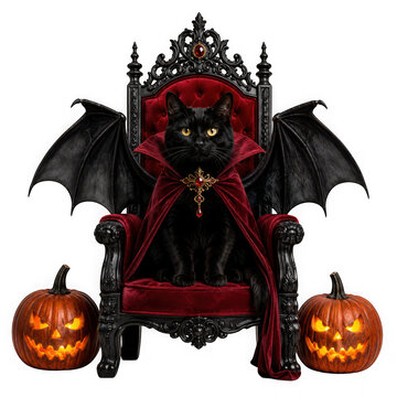 Black cat dressed as a vampire sitting on a gothic throne with bat wings and jackolanterns isolated on transparent background