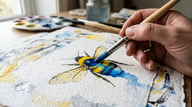 Artist hand painting bumblebee with watercolors on textured paper, close-up
