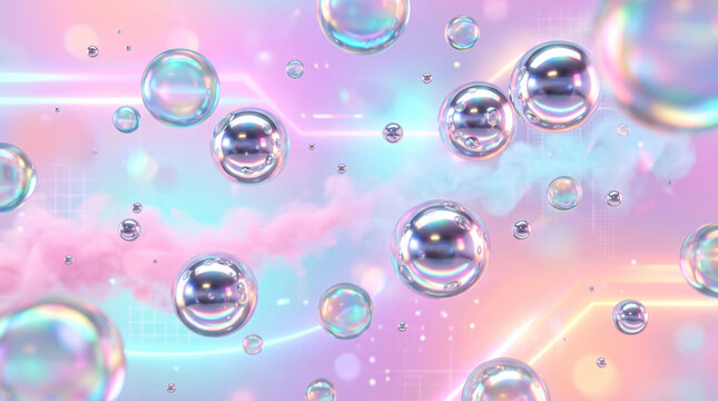 Retro-futuristic Y2K iridescent bubble background with holographic spheres and neon glow