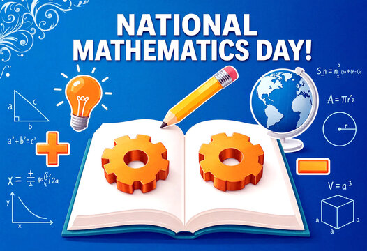 Colorful national mathematics day celebration with educational symbols and formulas in an open book concept illustration
